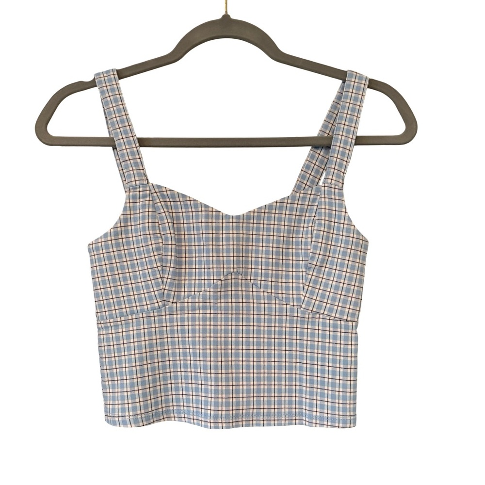 NWT, Hollister Blue Fitted Stretch Crop Tank Top, Blue and White Plaid, Sz S - Picture 2 of 9